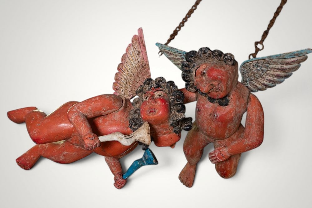 Rare pair of Mexican colonial 18th C "Cachetones" hanging angels (1 of 9)