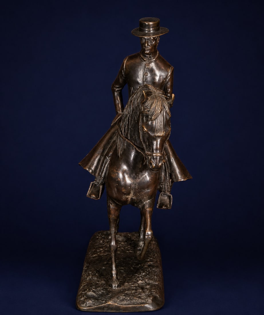 Horseman. Signed Benlliure. Spanish Costumbrista School. 20th Century: Cast and patinated bronze. Measures 43 x 16 x 33 cm.