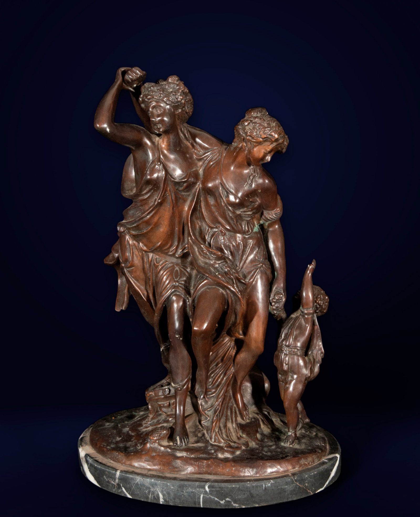 Large French bronze sculpture of Bacchus with Venus and Cupid signed Clodion: 45 x 30 cm