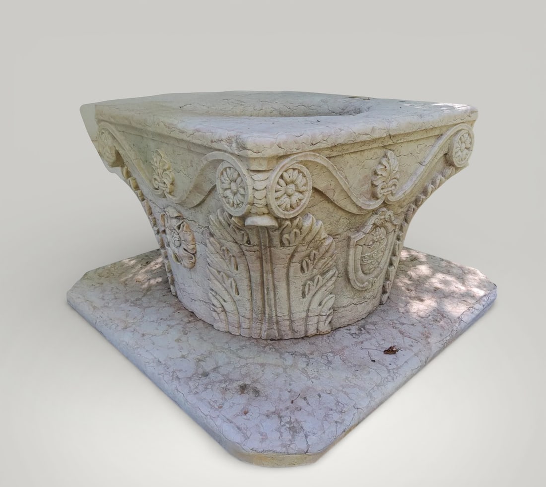 Elegant monumental square biancone marble well with plinth, Italy, 20th century: Carved Asiago Biancone marble. Dimensions: well height 85 cm; base height 18 cm; well 123 × 123 cm; base 170 × 170 × 18 cm; inner diameter 71 cm. This elegant and delicate square well, crafted from