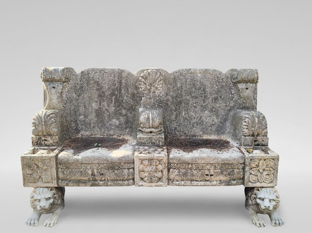 Important marble bench with decoration of tritons and supporting lions, Italy, 19th century (1 of 4)