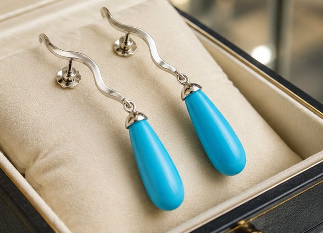 Long earrings with turquoise. 18-karat white gold. Weight 5.0 grams. Vintage jewelry. 20th century (1 of 4)