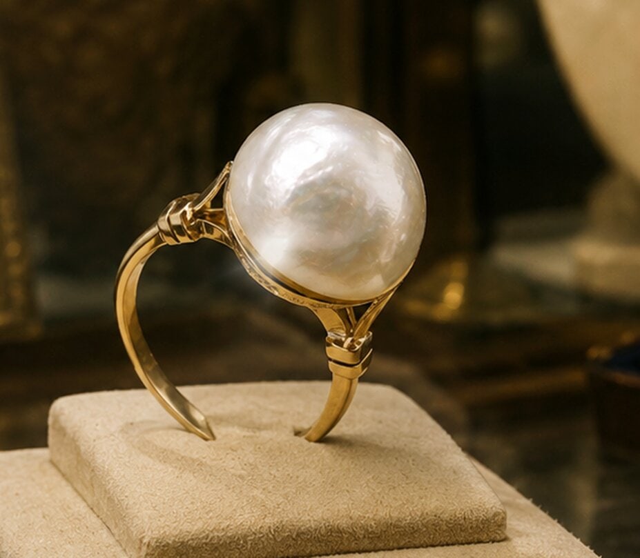 Art Nouveau ring with cultured pearl. 18-karat gold. Weight 6.5 grams. Circa 1950. 20th century: 18-karat gold, chased, and cultured pearl. Tatum ring measurements: 16.1 mm (56.2); diameter 18 mm; pearl 15 mm. This vintage ring, handcrafted during the 1950s, features an elevated design that place