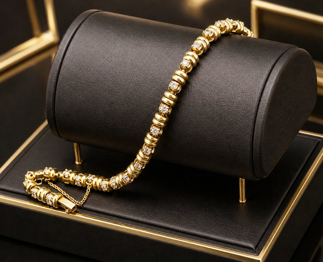 Rivière bracelet with 27 brilliant-cut diamonds. 18-karat gold. Indicated weight 14.5 grams. 1990s.: 18-karat gold and 27 natural brilliant-cut diamonds, prong-set. Measures 20.1 x 0.8 cm; safety chain 6.5 cm. Fully articulated rivière bracelet, composed of a continuous succession of twenty-seven br