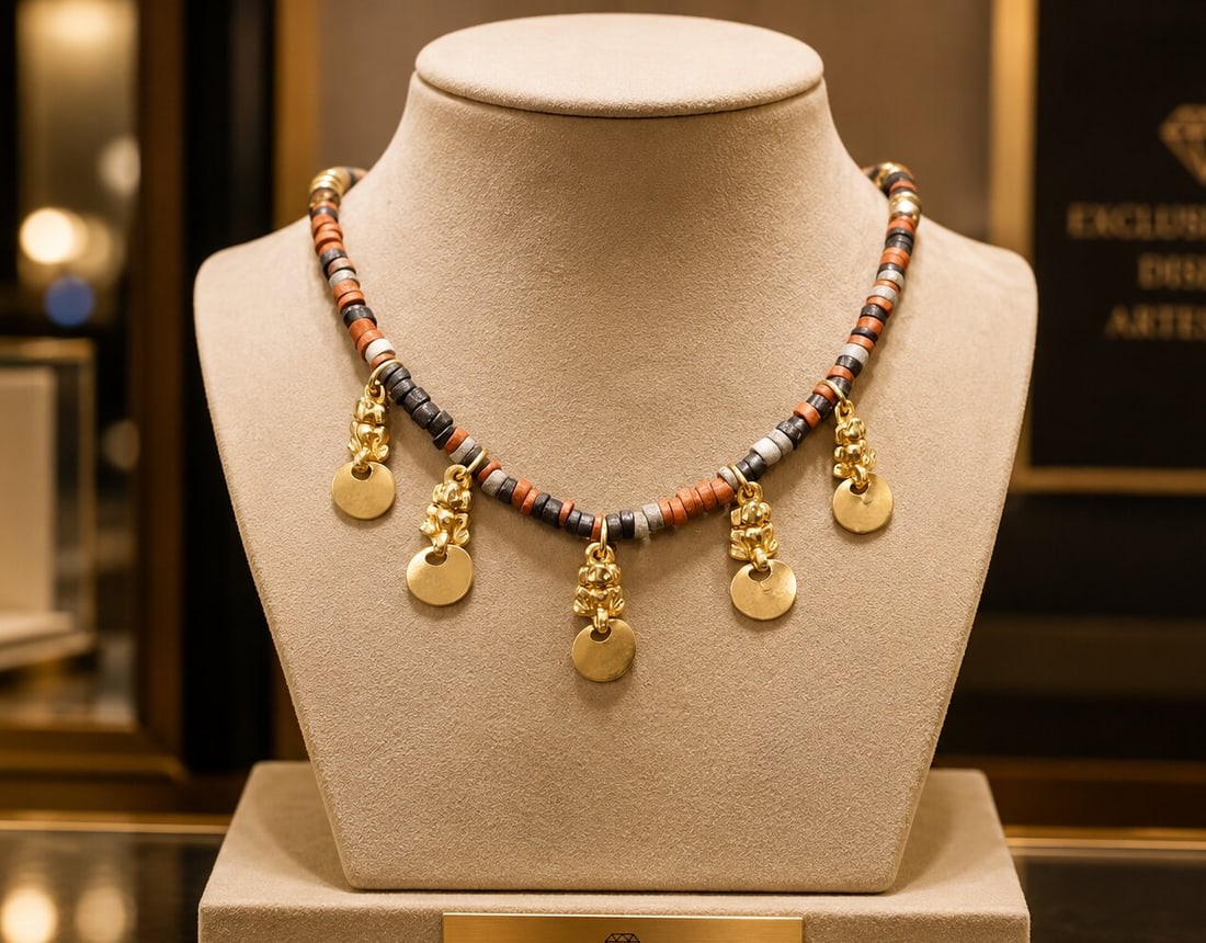 Necklace with six pendants of pre-Columbian gods. 24-karat gold alloy and ceramic. Weight 25 grams.: Ceramic or clay and metal alloy with thick 24-karat gold plating. Length: 40 cm; pendants: 2.4 cm. Vintage necklace composed of small ceramic or clay pieces interspersed with six relief pendants inspi
