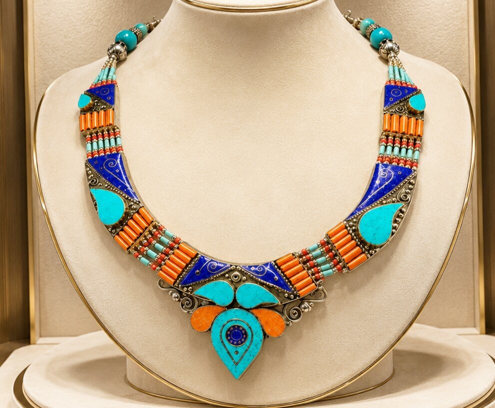 Vintage necklace with natural coral, lapis lazuli, and turquoise. 925 sterling silver. Weight 136: Sterling silver 925, natural coral, lapis lazuli, and turquoise. Measures 46 x 5 x 1.5 cm; coral pieces 9 mm. Weight 136 grams. This necklace is handcrafted on a thick, ethnically inspired structure, 