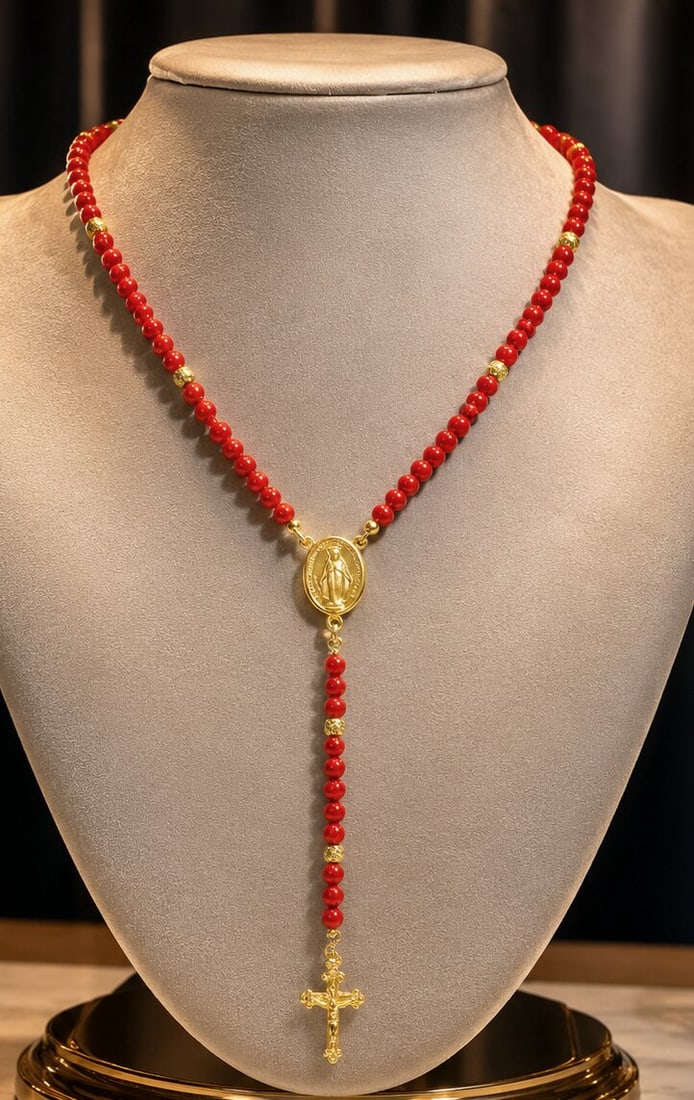 Natural red coral rosary necklace. 925 sterling silver with gold plating. Weight 15.5 grams. Italian: Natural red coral from the Pacific (Isididae), 925 sterling silver with gold plating. Adjustable length from 43.5 to 47 cm; spherical coral beads 4.5 mm. Weight 15.5 grams. This Italian jewelry neckla