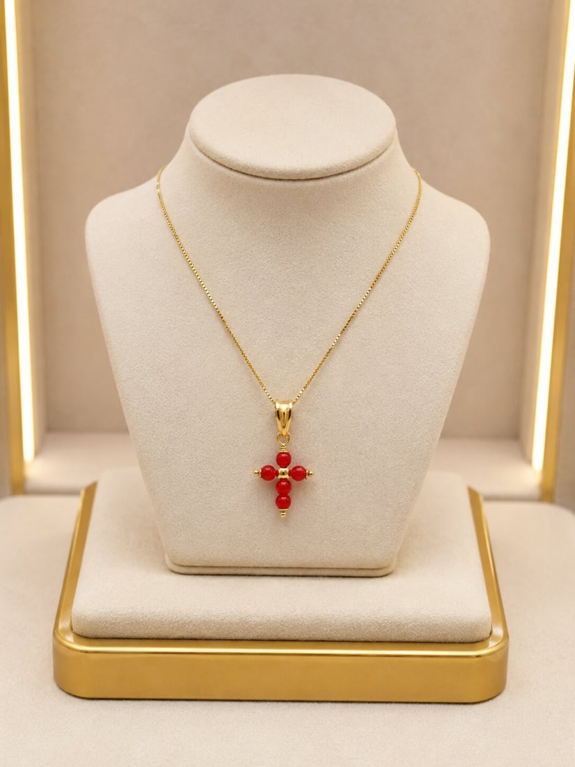 Italian necklace with a natural red coral cross. 925 sterling silver with gold plating. Weight 2.0: Sterling silver 925 with gold plating and natural Italian red coral. Chain measures 45 cm; cross 2.5 x 1.2 cm. Weight 2.0 grams. This simply designed necklace features a fine chain and a small crucifo