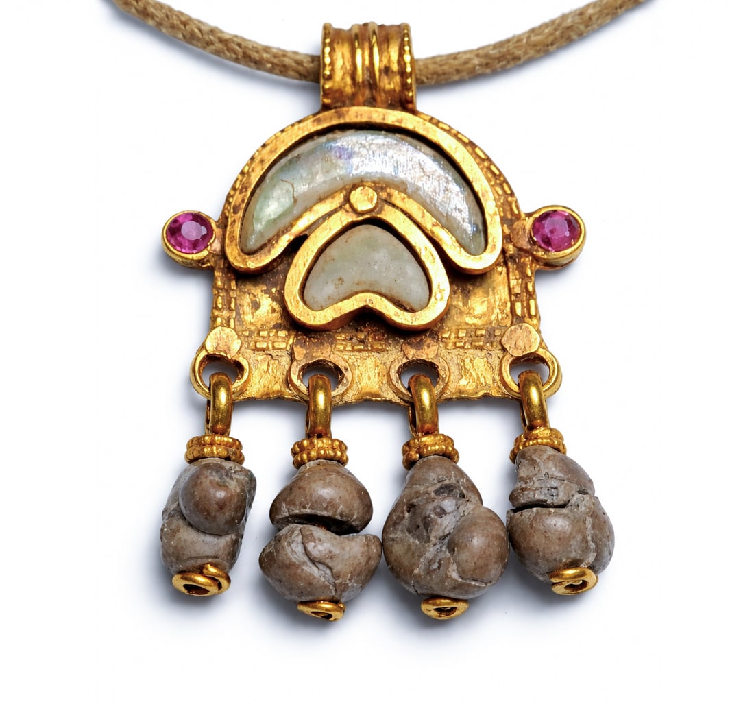 BYZANTINE PENDANT (Byzantine Empire, Middle Ages) - Pendant with bezoar: Gold and bezoar. Weight: 3.2 g. Dimensions: 2.2 x 2 cm. Pendant made of gold with a bezoar setting, a stone of organic origin highly valued during the Middle Ages for its supposed protective and medic