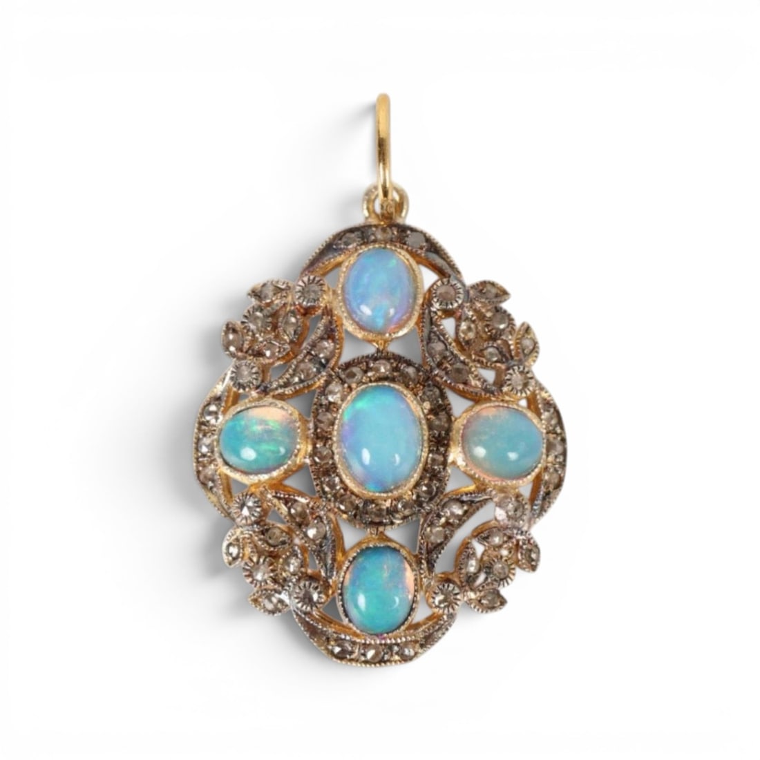 Pendant in silver gilt with opals and rose cut diamonds: Partially gilded 925 sterling silver with a 14-karat gold bail, opals, and rose-cut diamonds. This elegant Victorian-inspired pendant is crafted from partially gilded sterling silver and adorned with 