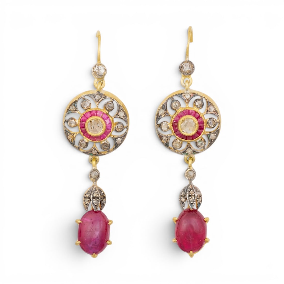 Pair of earrings in silver gilt with Natural rubies, square cut rubies and rose cut diamonds: Partially gilt sterling silver 925 with 14-carat gold hooks, treated natural rubies, square-cut rubies and rose-cut diamonds. Spectacular pair of earrings crafted in partially gilt sterling silver, se