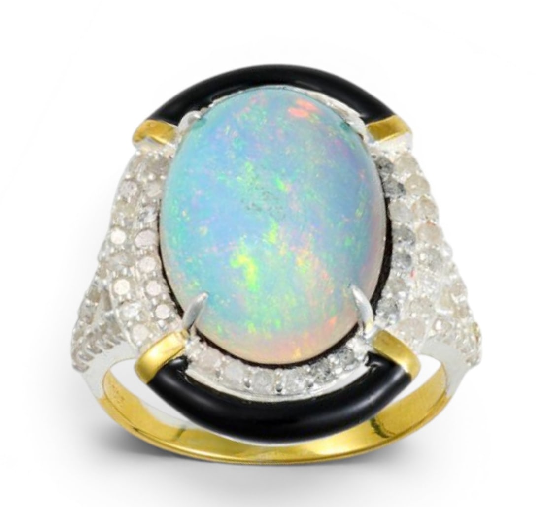 Silver-gilt ring with opal and brilliant-cut diamonds: Partially gilded 925 sterling silver with a 14-karat gold band, opal, and brilliant-cut diamonds. Measurements: not indicated. This sophisticated ring, crafted in partially gilded sterling silver, fea