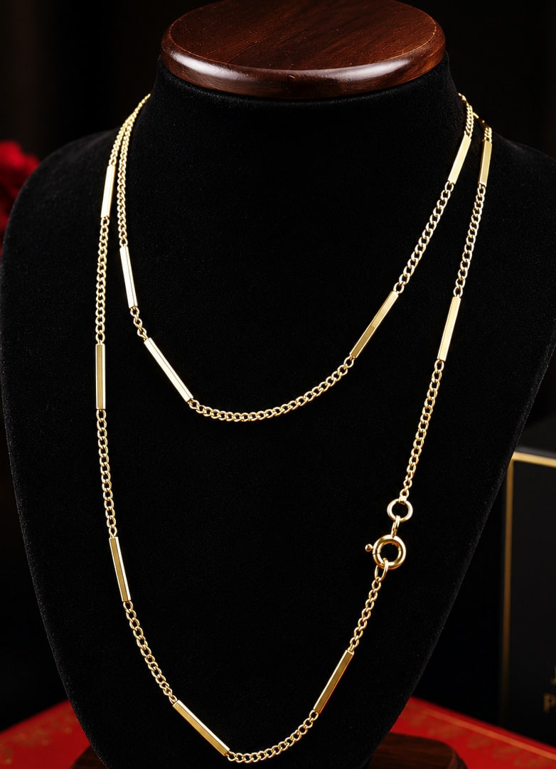 Exquisite 18-karat gold longguard necklace, 103 cm long, weighing 13.50 g: Elegant longguard necklace crafted in 18-karat gold, composed of chain links interspersed with geometric tubular elements. Length: 103 cm. Weight: 13.50 g.