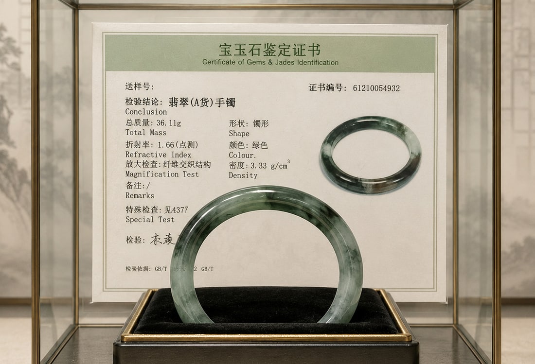Vintage bracelet made of natural jadeite jade with CQT Beijing certificate, weight 36.11 g: Vintage bracelet made of natural jadeite jade in shades of green with natural veining, accompanied by a Certificate of Gems & Jades CQT Beijing. Circular cross-section piece with a polished finish