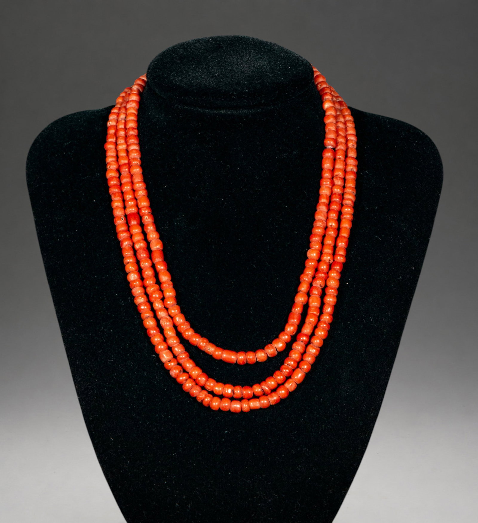 Three-strand coral necklace with low gold clasp (1 of 4)