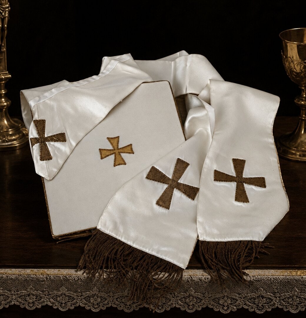 Set of priestly stole and corporal case. Christian liturgical art. 19th century: Silk or satin fabric, embroidered with gold thread, cords, and a rigid textile structure. Stole measures 115 x 14 cm; collette or bursa 23 x 23 cm. This Christian liturgical set consists of a long pri