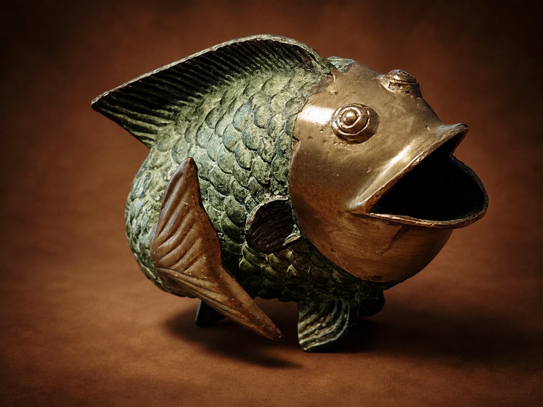 Koi carp with open mouth and double position. Bronze. Weight 698 grams. Oriental art. 20th century: Cast bronze, worked in relief. Approximate dimensions: 13 x 12 x 9 cm; mouth opening: 3.9 cm. Vintage koi carp sculpture, designed to be displayed in two positions: upright or lying on its side. The f