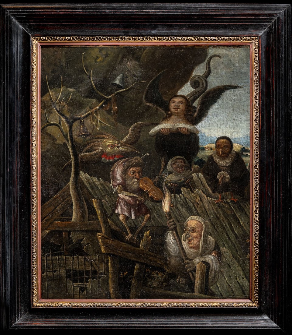 Circle of Hieronymus Bosch (Hertogenbosch, c. 1450-1516) - The Roof of Madness (Allegory of the: Oil on canvas. Dimensions: 44 × 54 cm (unframed). This allegorical painting, with its strong symbolic character, belongs to the moralizing tradition of 17th-century Northern Europe, evoking the visio
