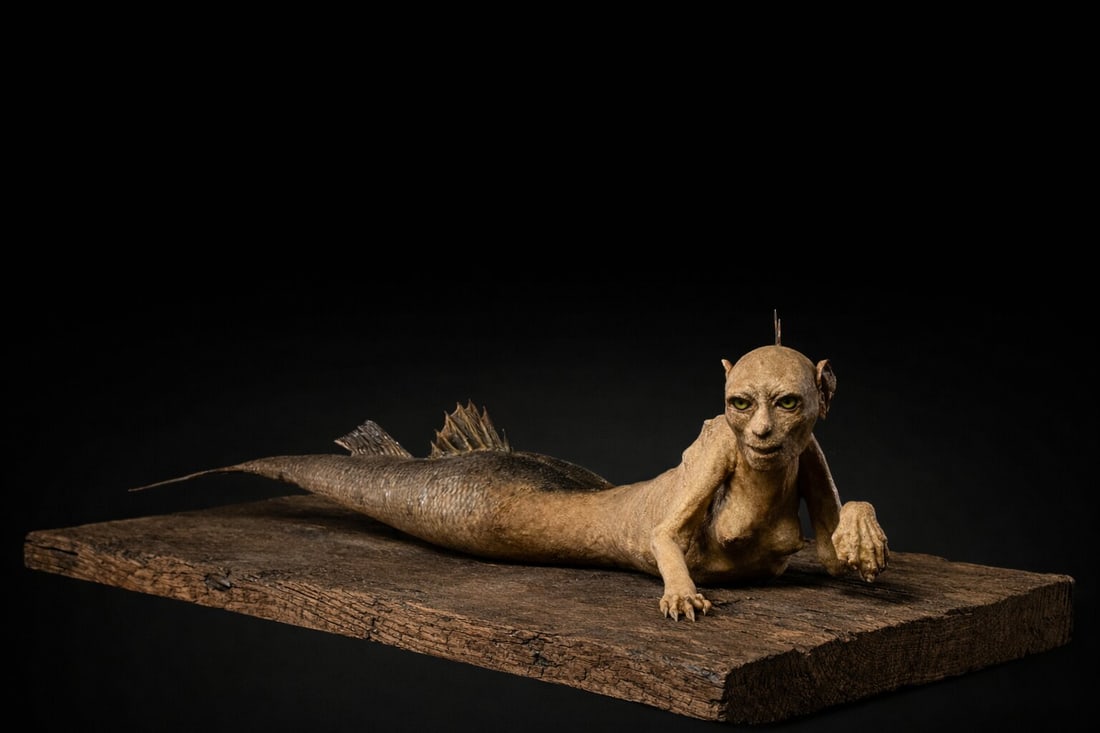 Rare Fiji Mermaid. Europe or Japan, 19th century: Mixed media. MEASURES: 90 × 25 × 20 cm. Composite figure known as a Fidji or Feejee mermaid, created by combining the torso of a small mammal with a fish tail, designed to resemble a mythological cr