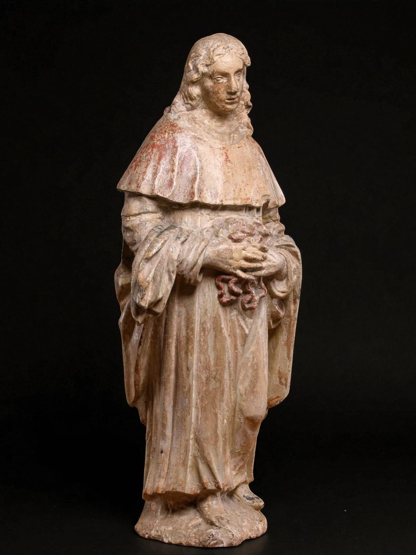 Sculpture of Saint Erasmus (Saint Elmo), French School, 17th century: Carved stone with traces of original polychromy. Dimensions: 80 × 30 × 16 cm. 17th-century religious sculpture depicting Saint Erasmus of Antioch, also known as Saint Elmo, martyr and patron saint o