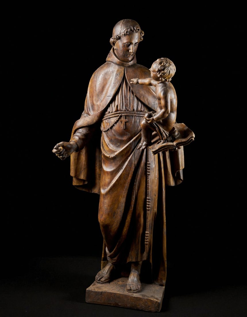Large sculpture of Saint Anthony with the Child Jesus, French or Flemish Baroque School, 17th: Carved and polychromed wood. Dimensions: 145 × 71 × 40 cm. Large-format sculpture depicting Saint Anthony of Padua holding the Christ Child, a motif widely used in Flemish Baroque devotional iconogr