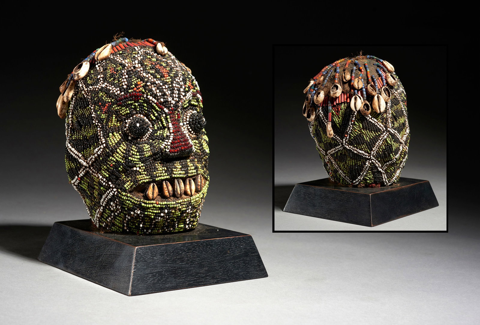Ceremonial head with “Adwonzen?? beads, Grassland village, Cameroon, 20th century: Polychrome glass beads. Measures: 20 cm. Refined Adwonzen ceremonial head from the Grassland people, used in rituals and power dances. Decorated entirely with colored glass beads, a symbol of status a