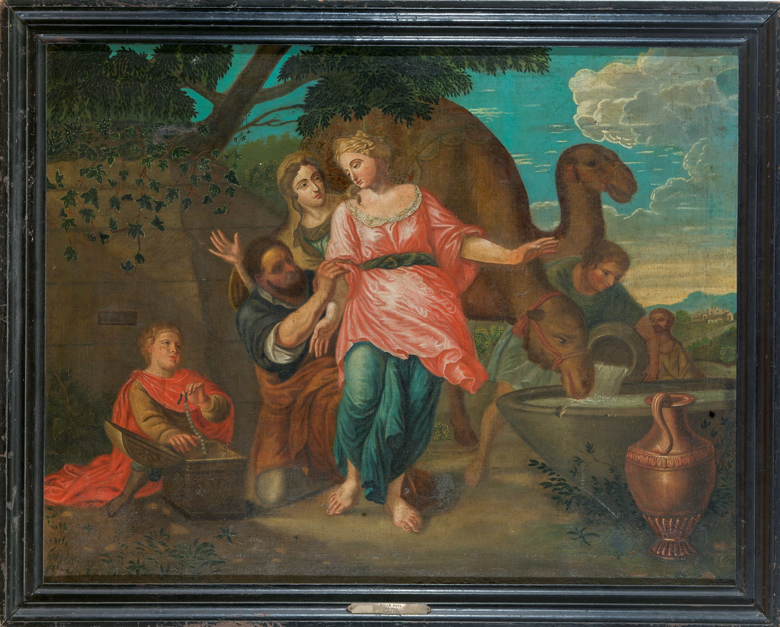 Willem Muys (1720–1763) - Rebecca and Eliezer at the Fountain: Oil on panel. Dimensions: 95 × 116.5 cm. This biblical painting, inspired by the Old Testament (Genesis 24), depicts the encounter between Rebekah and Eliezer at the well, a key episode in Rebekah's 