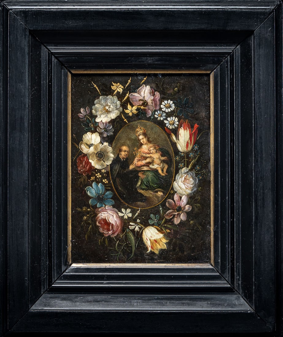 Circle of Jan Brueghel the Elder (1568-1625) - Floral border with the Virgin and Child and Saint: Oil on copper. Cabinet devotional painting belonging to the Antwerp tradition of collaborative floral wreaths, developed at the beginning of the 17th century. The wreath, executed with great botanical