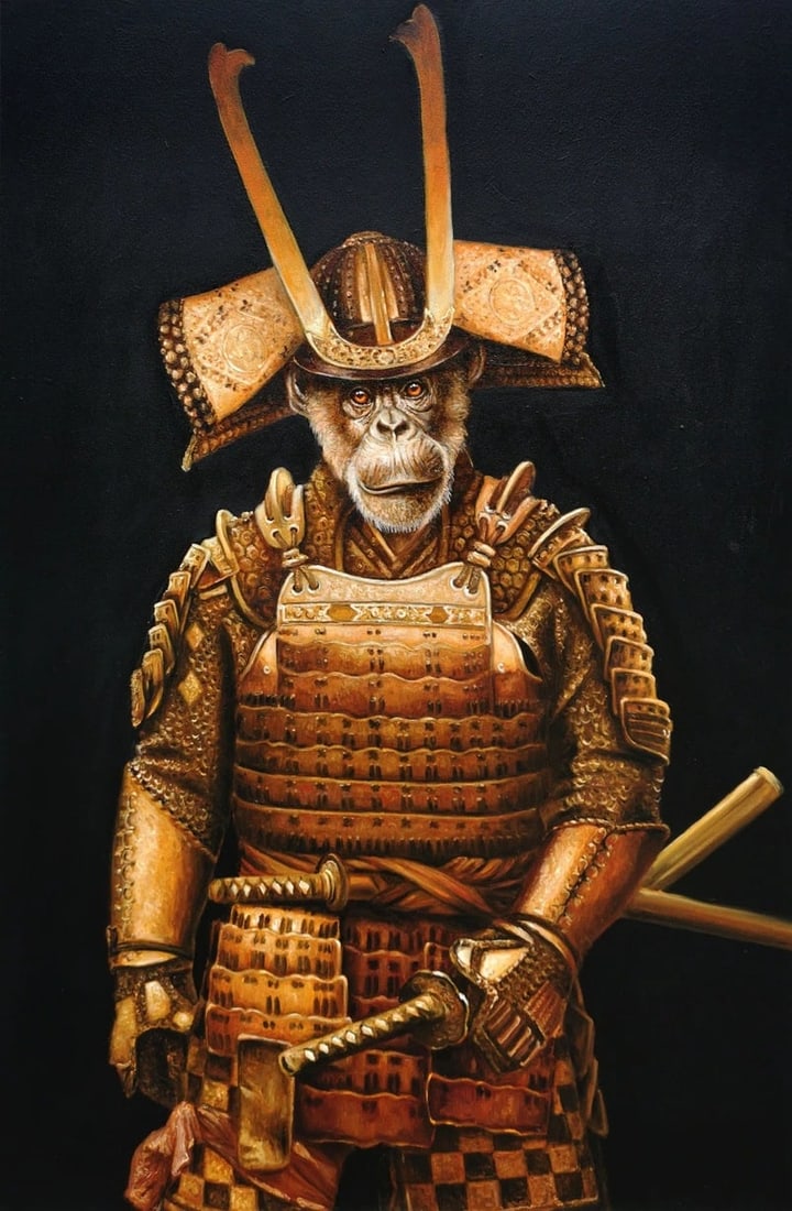 Marc Le Rest (France, 1969) - Samurai Akechi: Framed oil on canvas. Dimensions: 66 × 97 cm. Contemporary work by the French artist Marc Le Rest, belonging to his series of heroic figures. It depicts the samurai Akechi with the artist's character