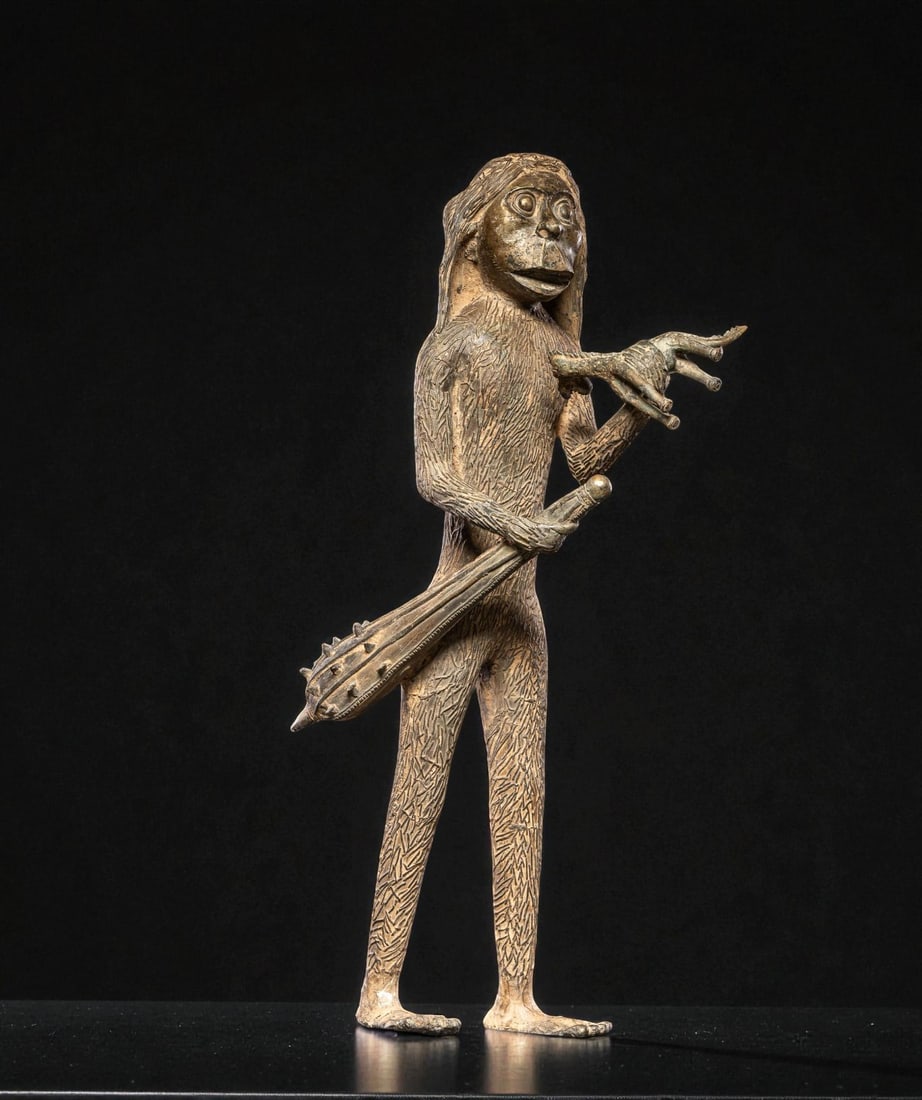 Mythical sculpture of a hybrid man-ape figure, 20th century: Cast bronze. MEASURES: 62 × 21 × 27 cm. An extraordinary sculpture representing a mythological creature, half man and half ape, an ancient symbol of the duality between human and animal. The piece s