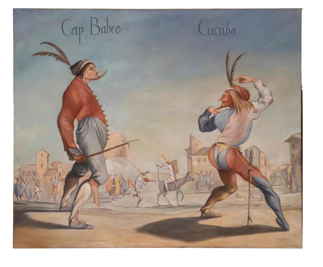 Scene from the Commedia dell'Arte. Cucuba mocking in the style of Captain Babeo, after Jacques: Oil on canvas. Dimensions: 99 x 120 cm. This painting is inspired by the famous scenes of the Commedia dell'Arte, a popular theatrical genre that originated in 16th-century Italy and is characterized 