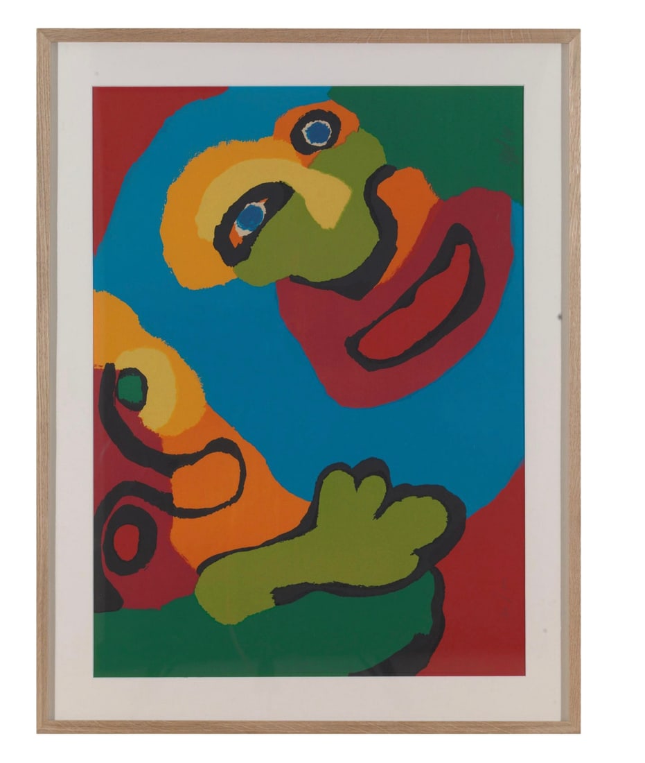 Karel Appel (Amsterdam, 1921 – Zurich, 2006) - Faces: Framed screen print on paper. Dimensions: 75 × 55 cm. Graphic work by the Dutch artist Karel Appel, a founding member of the CoBrA group, characterized by its vibrant colors and expressive gestures. 