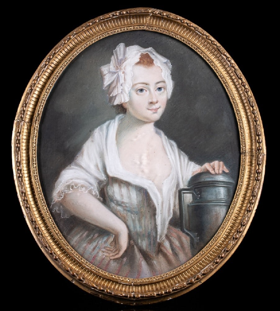 19th Century French School - The Milkmaid: Pastel on paper. Dimensions: 64 × 51 cm. Genre drawing depicting a young milkmaid, a recurring theme in 17th- and 18th-century European painting, linked to scenes of everyday life and often laden wit