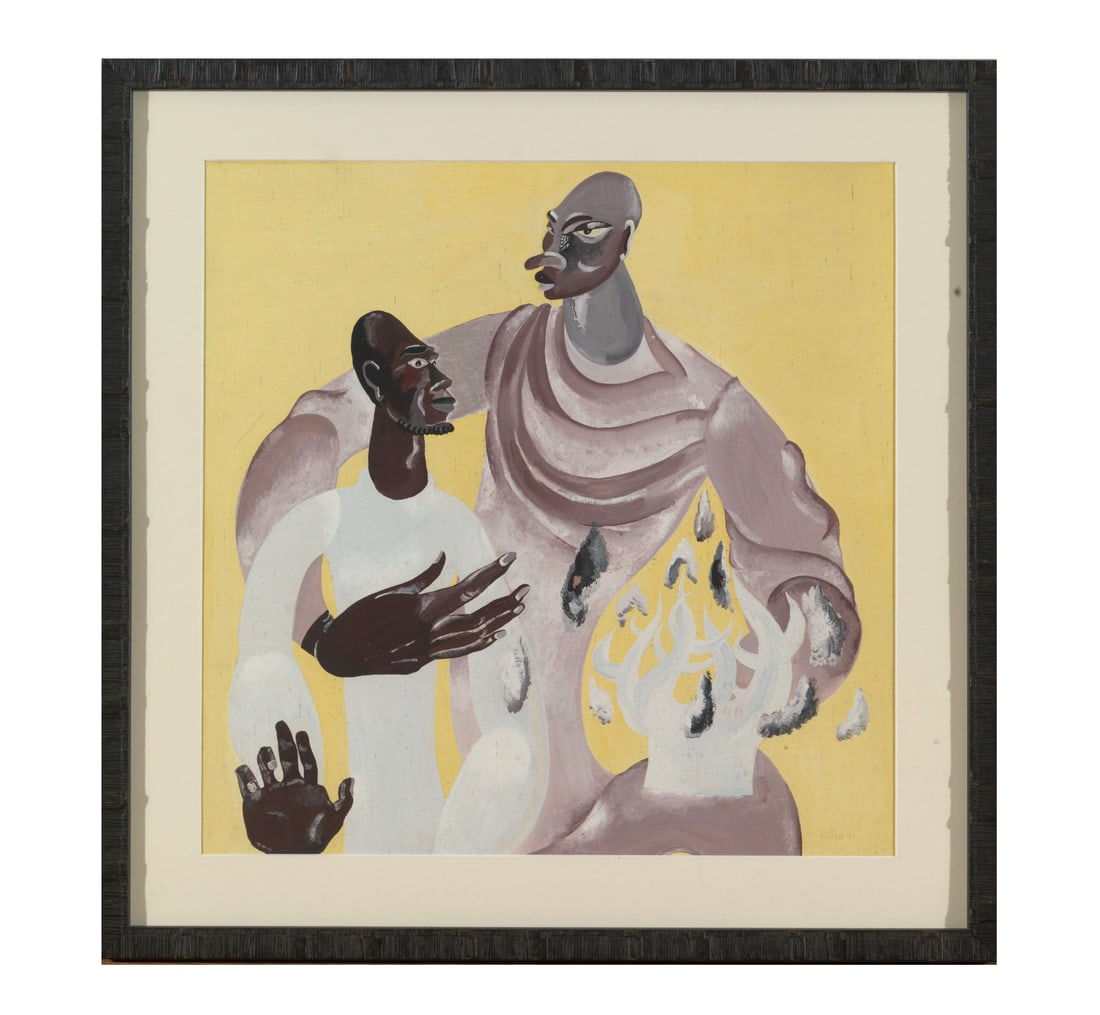 Billen André (1921–1998) - Genre scene: Gouache and tempera on framed paper. Dimensions: 53 × 53 × 2 cm. A work by the artist André Billen depicting two male figures from the Kongo people, executed with expressive vigor and mastery of co