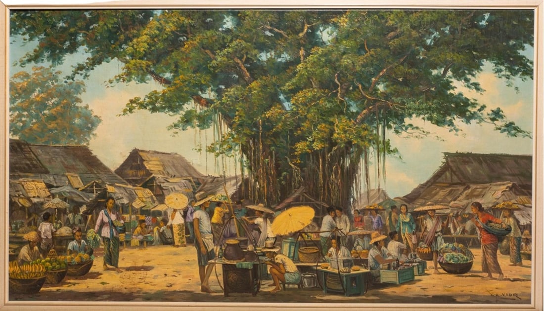 GA Kadir (1901-1995) - View of an Indonesian village (Bungur Tjianjur): Oil on canvas, signed lower right. Dimensions: 91 × 72 cm. Original work by the Indonesian Impressionist painter G.A. Kadir, trained under the influence of the Danish artist van Russel (1898–1975) 