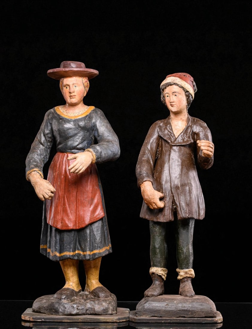 Pair of polychrome Breton sculptures depicting a fisherman and his wife, France, 19th century (1 of 4)