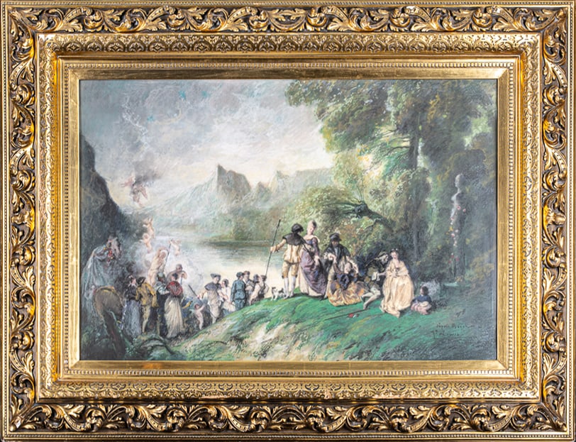 According to Jean-Antoine Watteau (1684 - 1721) - Embarkation for the island of Cythera, 19th: Pastel. Dimensions: 74 × 100 cm. This pastel is inspired by Watteau's famous composition depicting the amorous embarkation for the island of Cythera, a symbol of love and the gallant ideal in French 