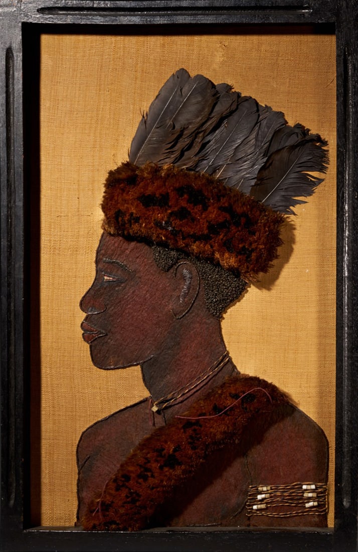 Portrait of a Kongo chief. Central Africa, 20th century: Mixed media. Dimensions: 38 × 58 cm. An ethnographic portrait depicting a Kongo chief adorned with an elaborate feather headdress, created using a composition of plant materials applied to a jute sup