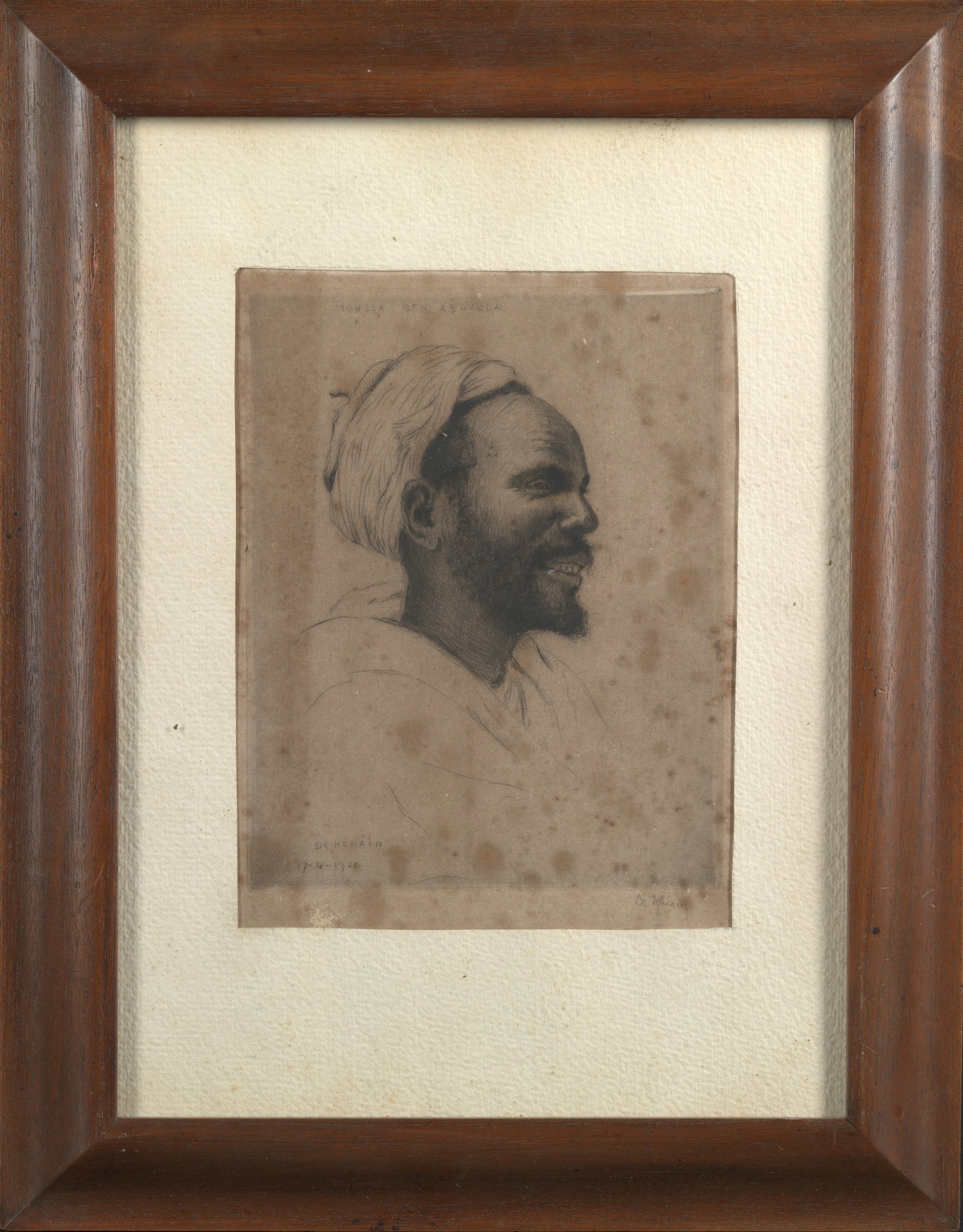 François de Hérain (1877 - 1962) - Portrait of an Oriental Man: Etching on paper. Dimensions: 37 × 29 cm. This portrait, characteristic of the early 20th-century Orientalist style, is by François de Hérain, a French painter, sculptor, and engraver who spent ext