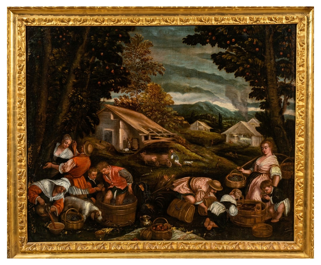 JACOPO DAL PONTE, CALLED JACOPO BASSANO (Bassano del Grappa, c. 1510/1515 – 1592) Attributed –: Oil on canvas. Dimensions: 80 x 100 cm. The composition depicts a lively grape harvest scene set in a rural landscape, with peasants picking, transporting, and treading grapes around rustic architectu