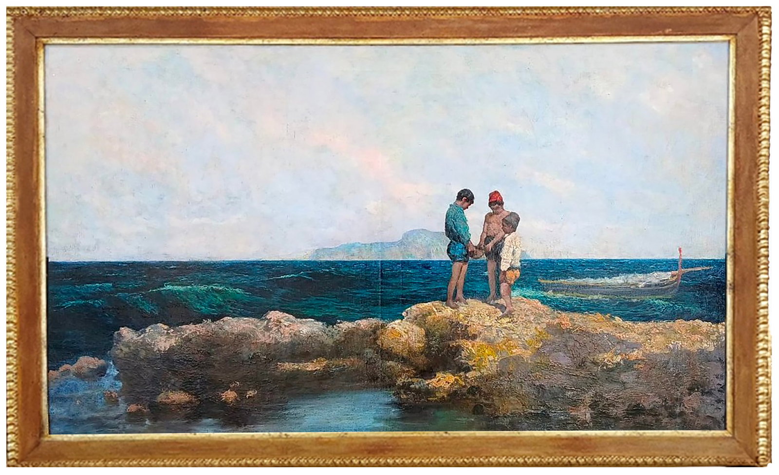 MICHELE CORTEGIANI (Palermo, 1857 – Palermo, 1919) - Pescatorelli tra gli scogli: Oil on canvas. Dimensions: 80 x 140 cm. Michele Cortegiani was one of the most prominent landscape and genre painters of the late 19th-century Sicilian school, renowned especially for his coastal view