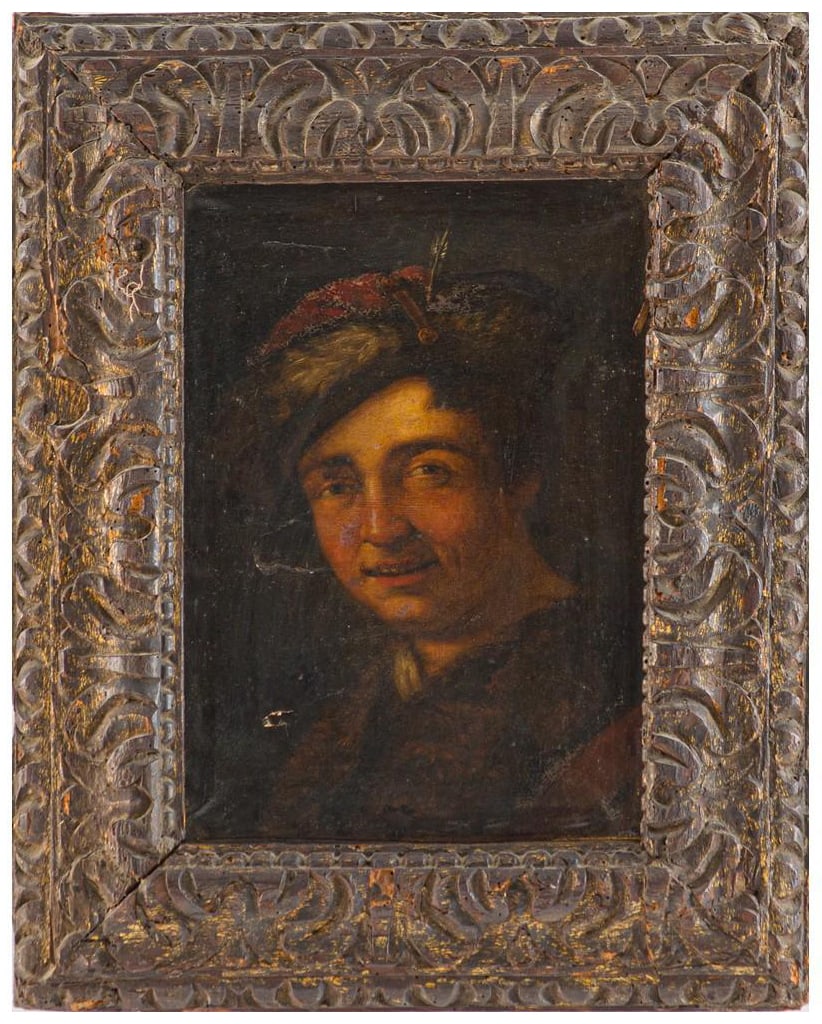 ANTONIO AMOROSI (Comunanza, 1660 – Rome, 1738) Attributed - Portrait of a young man with a hat: Oil on paper mounted on canvas. Dimensions: 32 x 23 cm. Antonio Amorosi was one of the most characteristic painters of the Roman school of the late 17th and early 18th centuries, renowned for his genr