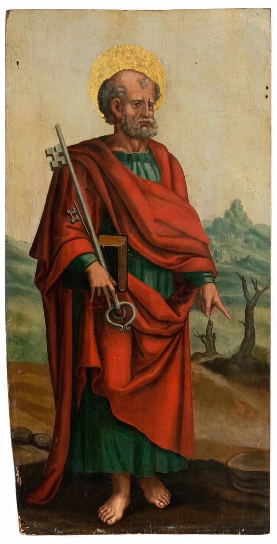 15th Century Hispano-Flemish Master - Saint Peter: Oil on panel. Dimensions: 97 x 50 cm. This panel depicts Saint Peter full-length, identified by the keys to the Kingdom of Heaven he holds in his hands, an attribute symbolizing his status as the firs