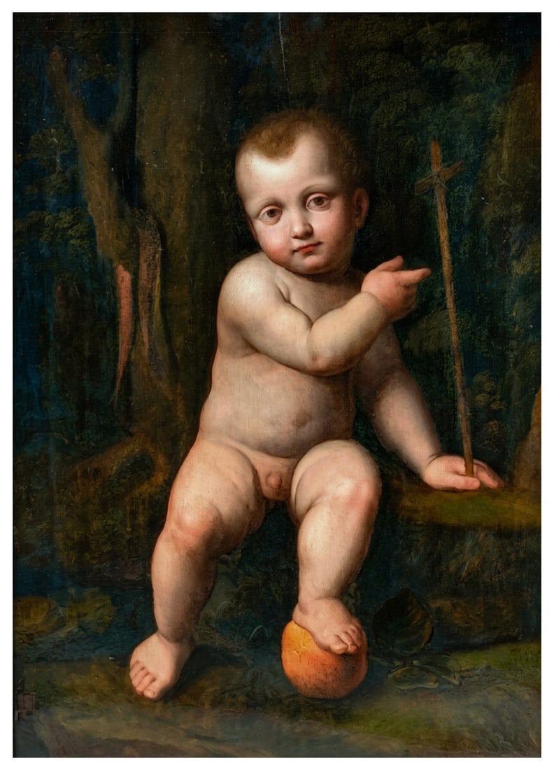 MARCO D'OGGIONO (Oggiono, ca. 1470 – Milan, 1524) - Saint John the Baptist as a child: Oil on poplar panel. Dimensions: 62 x 37.5 cm. Marco d'Oggiono was one of Leonardo da Vinci's most outstanding pupils and one of the most important figures of Lombard Leonardism at the end of the 15th