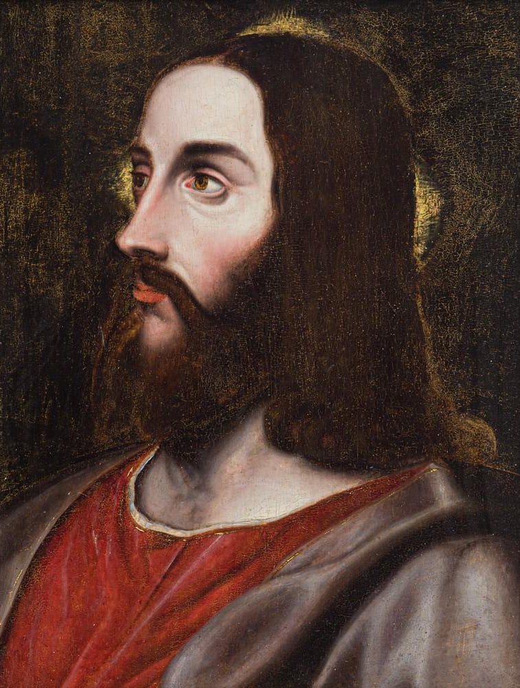 Tiziano Vecellio and Workshop (Pieve di Cadore, 1490 – Venice, 1576) – Cristo Salvatore: Oil on panel. Dimensions: 50 x 40 cm. An expert report by Professor Marini is included, attributing the work to the workshop of Tiziano Vecellio, indicating that it may have been executed with the par