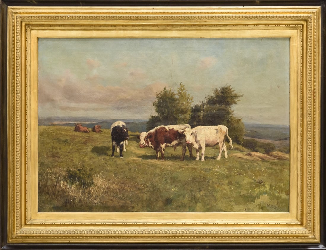GIUSEPPE PALIZZI (Lanciano, 1812 – Paris, 1888) - Muche al pascolo: Oil on canvas. Dimensions: 70 × 100 cm. In its original gilt frame. The work depicts a pastoral scene with cows grazing in a rural landscape, a characteristic theme in the paintings of Giuseppe Paliz