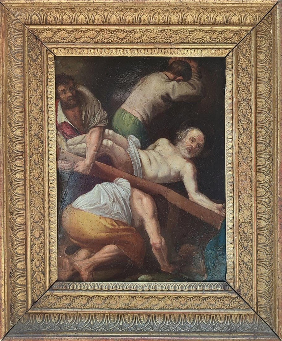 17TH CENTURY ITALIAN SCHOOL, CIRCLE OF CARAVAGGIO - Crucifixion of Saint Peter: Oil on copper. Dimensions: 24 × 18 cm. The work depicts the Crucifixion of Saint Peter, an episode in the apostle's martyrdom recounted by Christian tradition, according to which Peter asked to be cr
