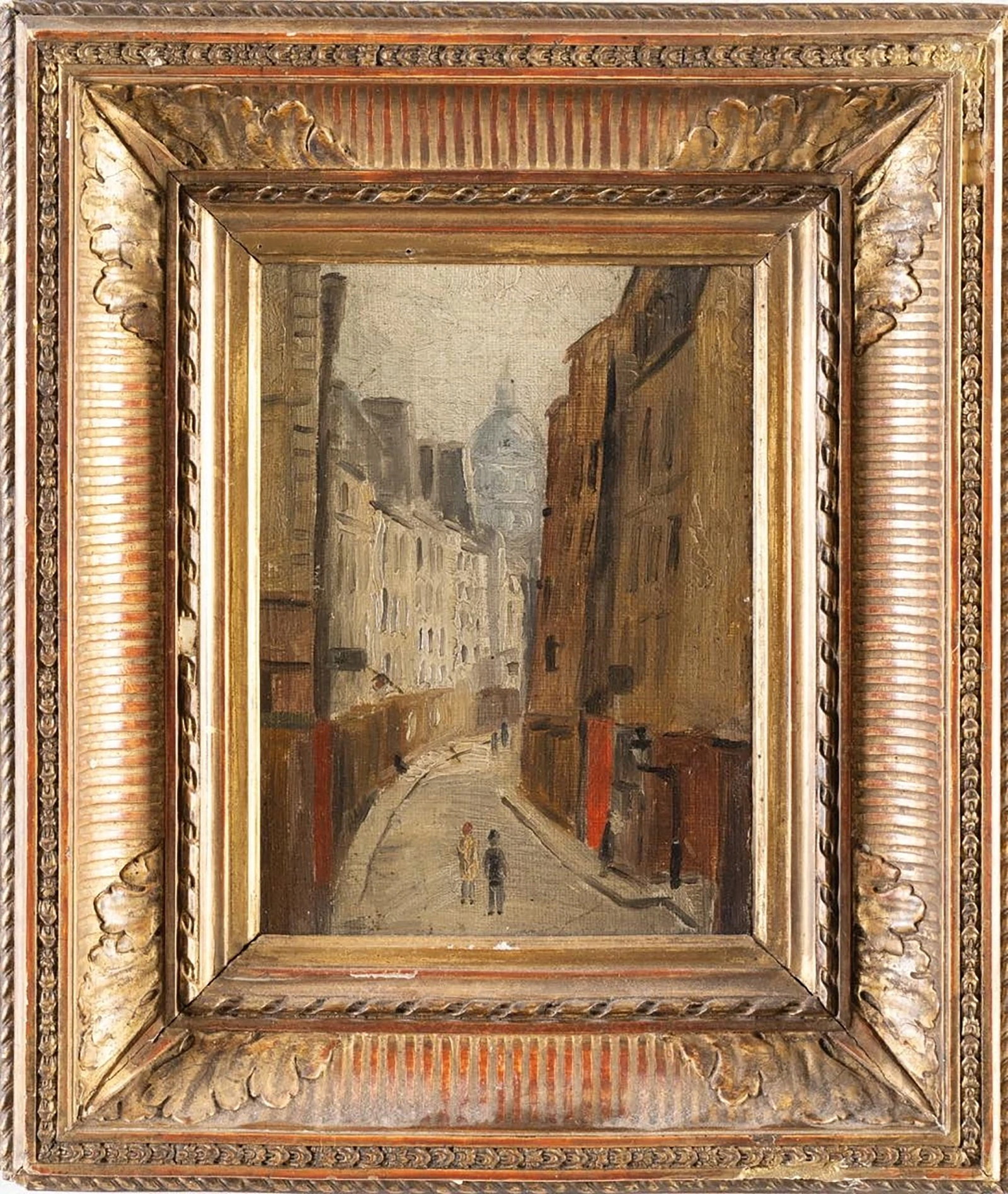ATTRIBUTED TO MAURICE UTRILLO (Paris, 1883 – Dax, 1955) - Montmartre, Rue Saint-Rustique.: Oil on canvas-mounted cardboard. Dimensions: 22.5 × 16.5 cm. The work depicts a view of Rue Saint-Rustique, one of the oldest and most characteristic streets in the Montmartre district, a recurring t