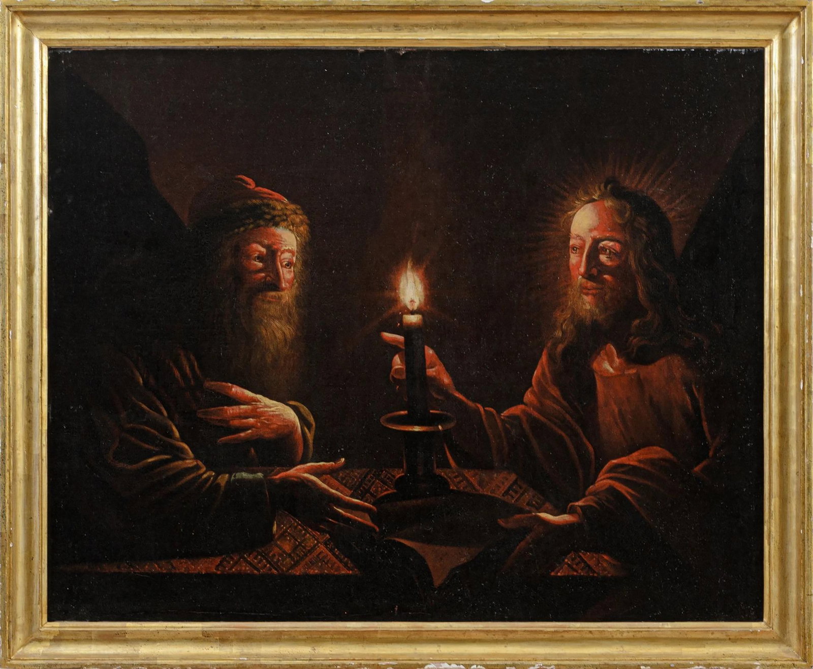 MASTER OF THE CANDLE, CARAVAGGIST SCHOOL OF THE 17TH CENTURY - Christ and Nicodemus: Oil on canvas. Dimensions: 107 × 133 cm. The work depicts the encounter between Christ and Nicodemus, one of the most significant episodes in the Gospel of John, in which Nicodemus, a Pharisee and me