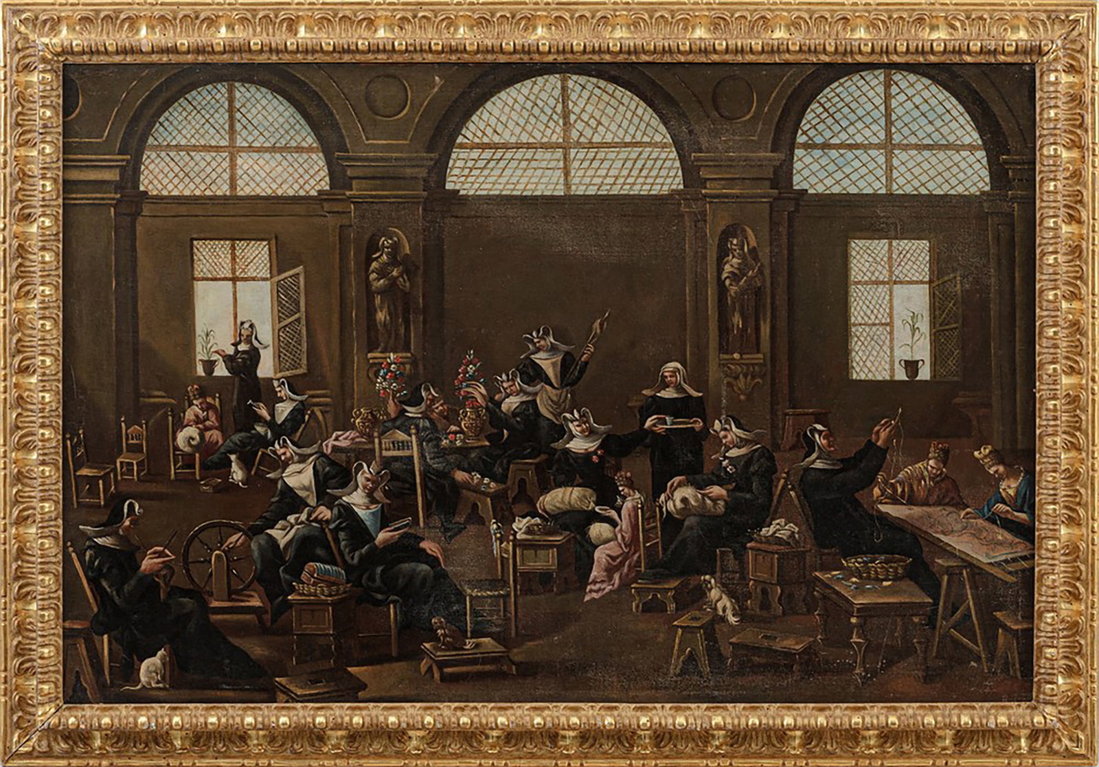 CIRCLE OF ALESSANDRO MAGNASCO (Genoa, 1667 – 1749) - Interior of a female convent with nuns at: Oil on canvas. Dimensions: 85 × 130 cm. The work depicts a lively convent interior with several nuns engaged in various daily tasks, a scene that combines observation of religious life with a narrati